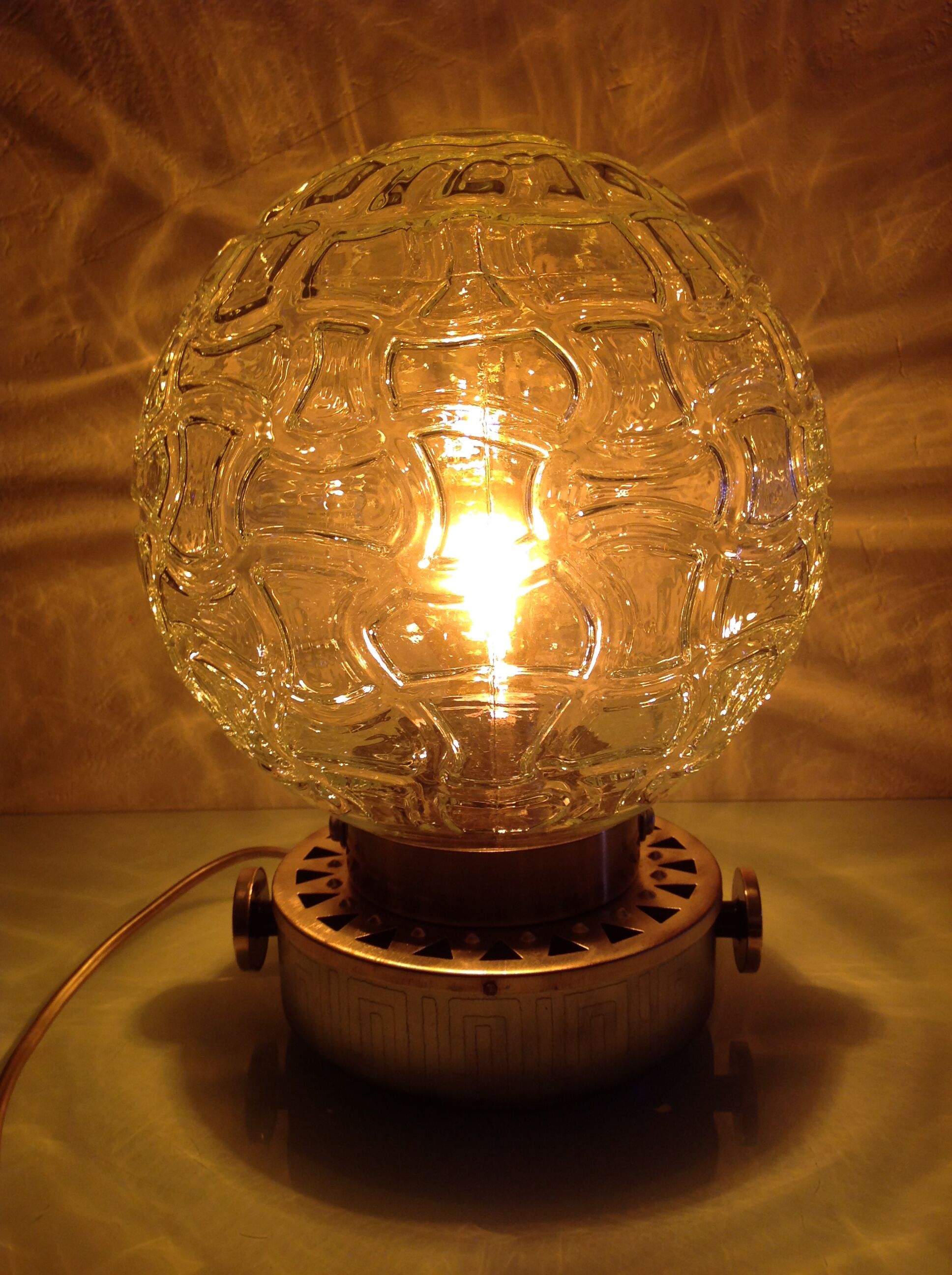 Structured glass globe lamp and metal-brass/ vintage 60s and 70s base