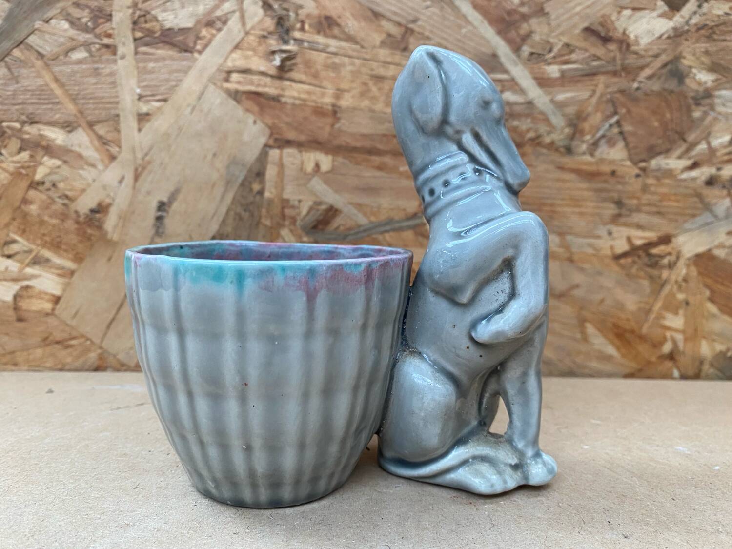 Old grey ceramic greyhound decor pot vintage