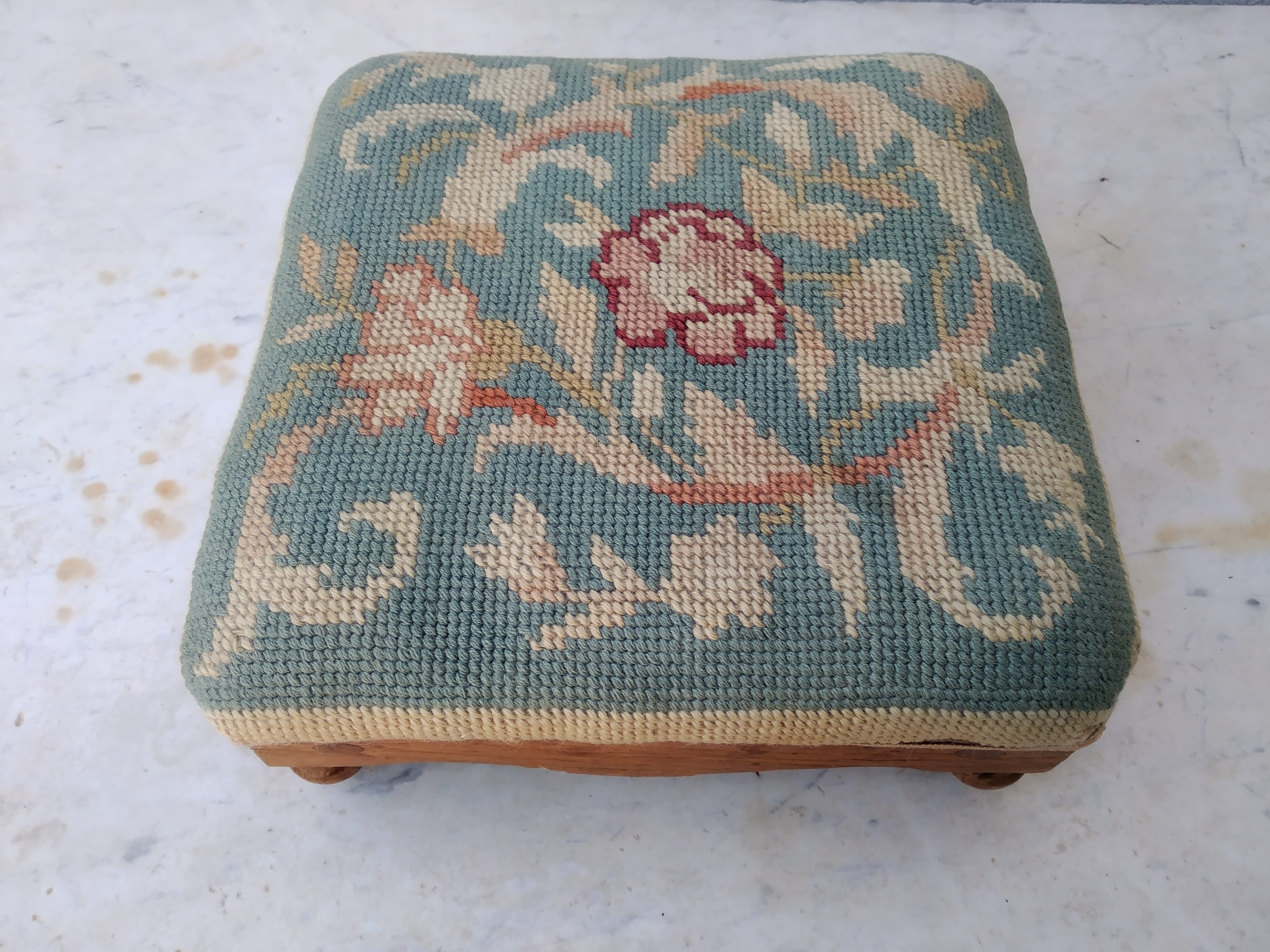 Small antique footrest stool lined canvas