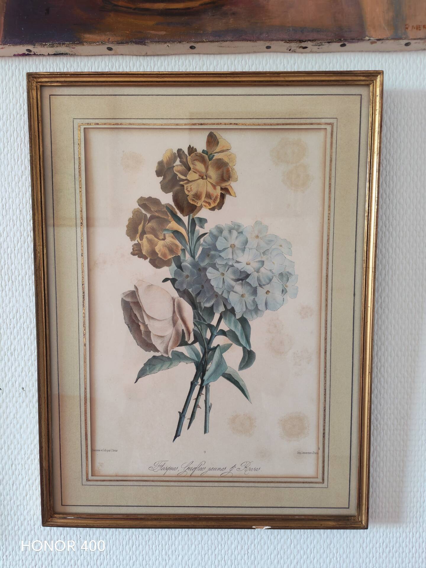 Gravure botanique XIX siècle bouquet de fleurs encadrement parisien