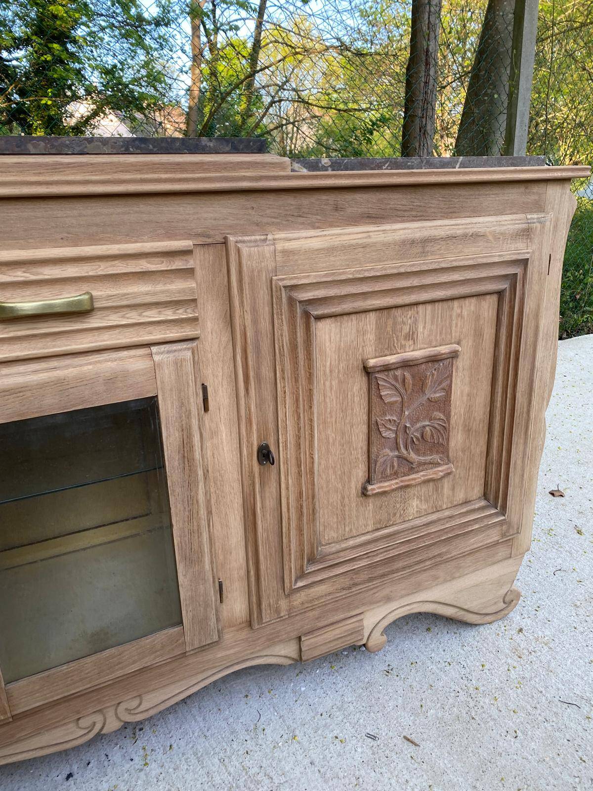 Renovated art deco sideboard in solid raw oak and gray marble 190cm