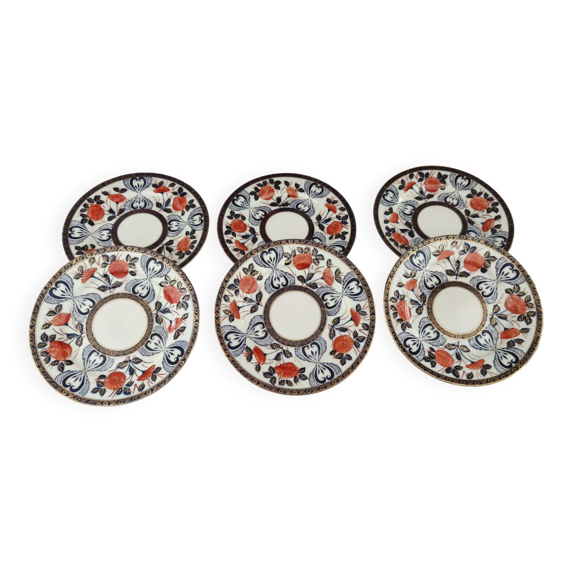 Set of 6 Japanese dessert plates with red, midnight blue and gold decor