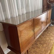 Vintage 4-door sideboard with wood veneer and glass top