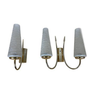 Pair of brass and opaline wall lamps 50s