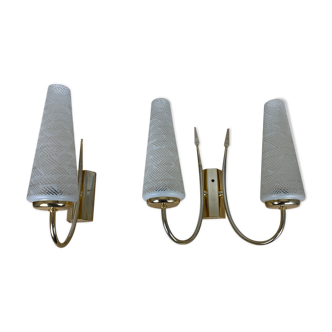 Pair of brass and opaline wall lamps 50s