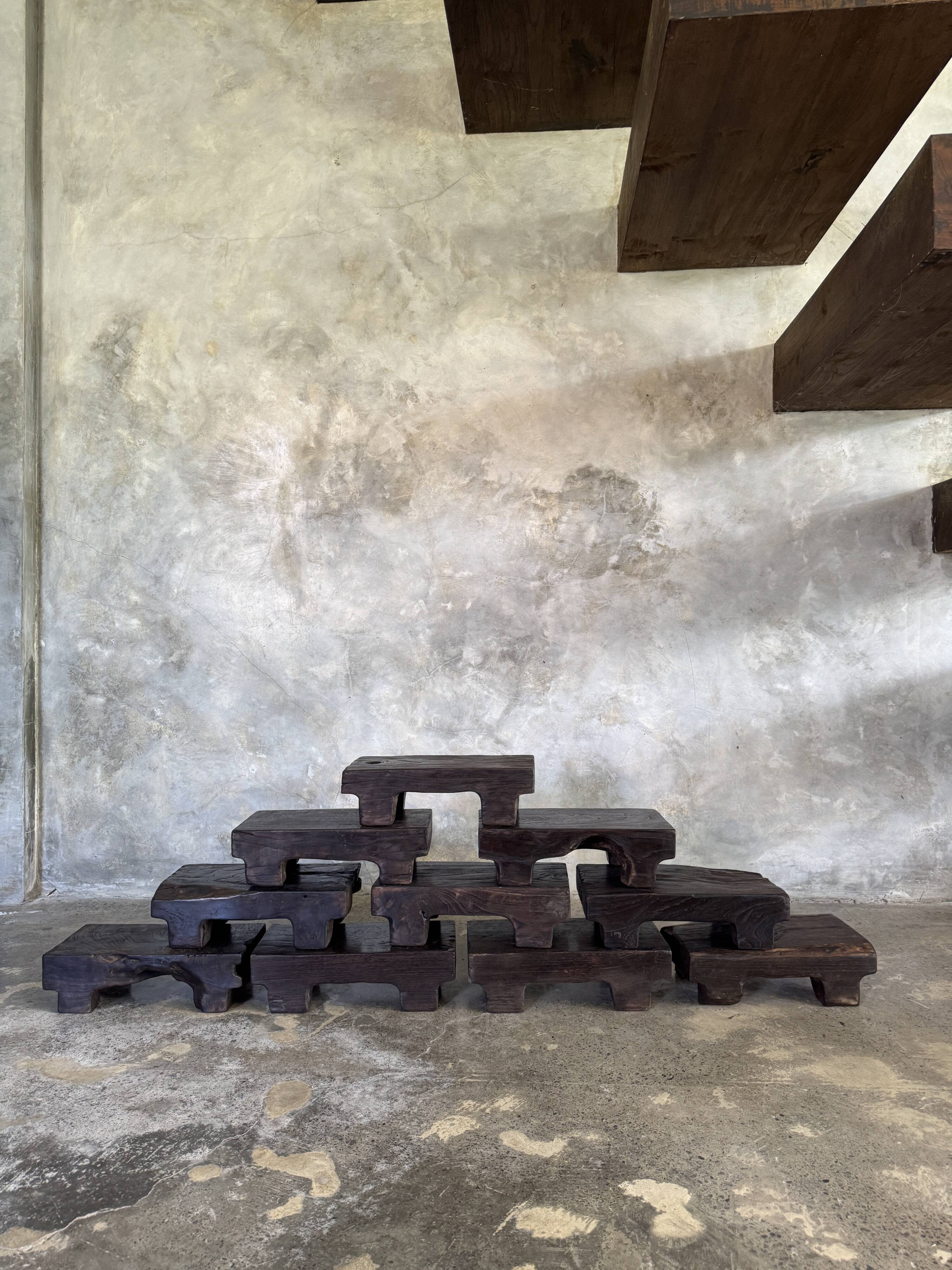 Small stool, black solid teak accent stool wabi-sabi L30 W8.5 H6.
