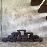 Small stool, black solid teak accent stool wabi-sabi L30 W8.5 H6.