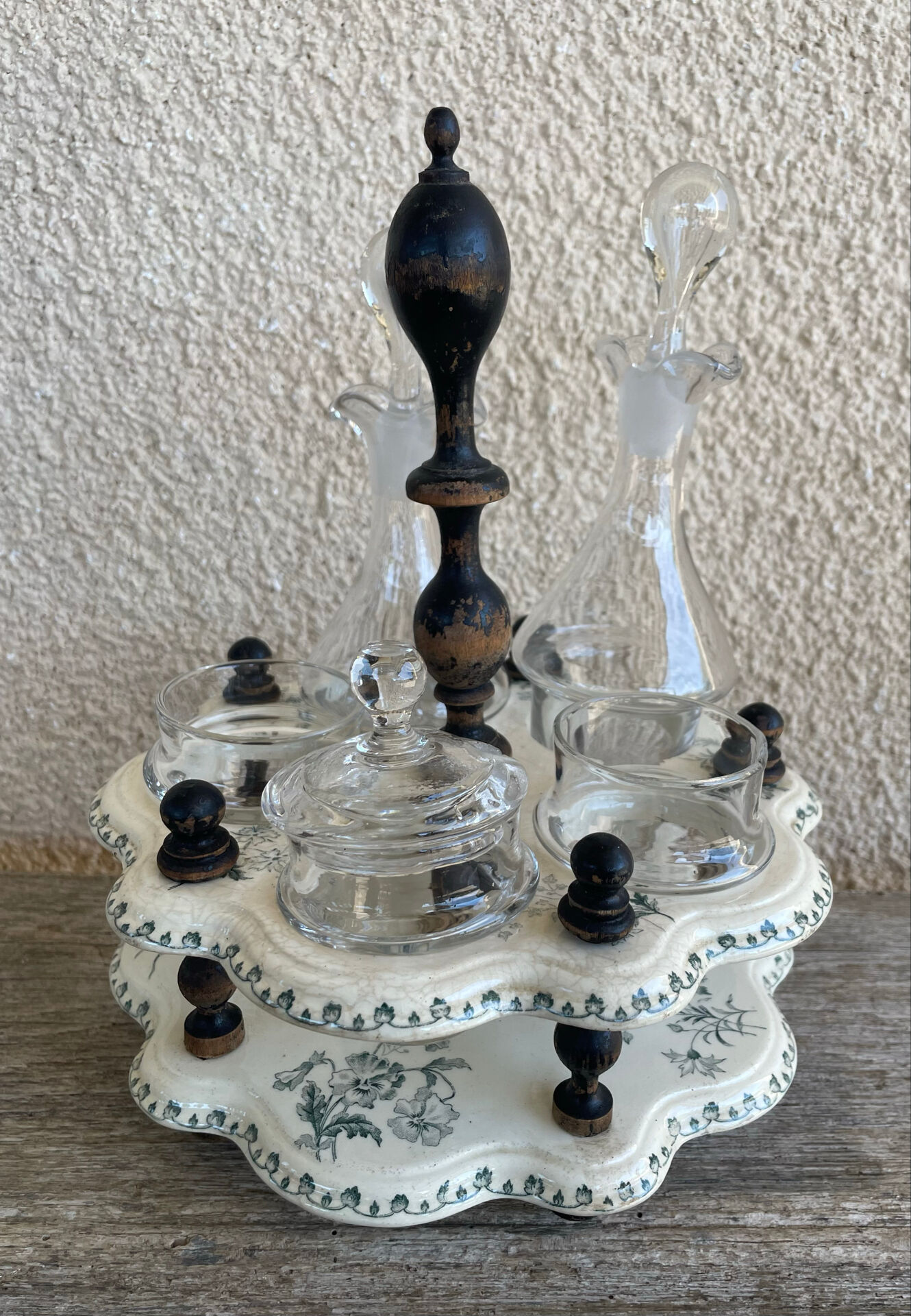 Oil and vinegar service, salt and pepper.