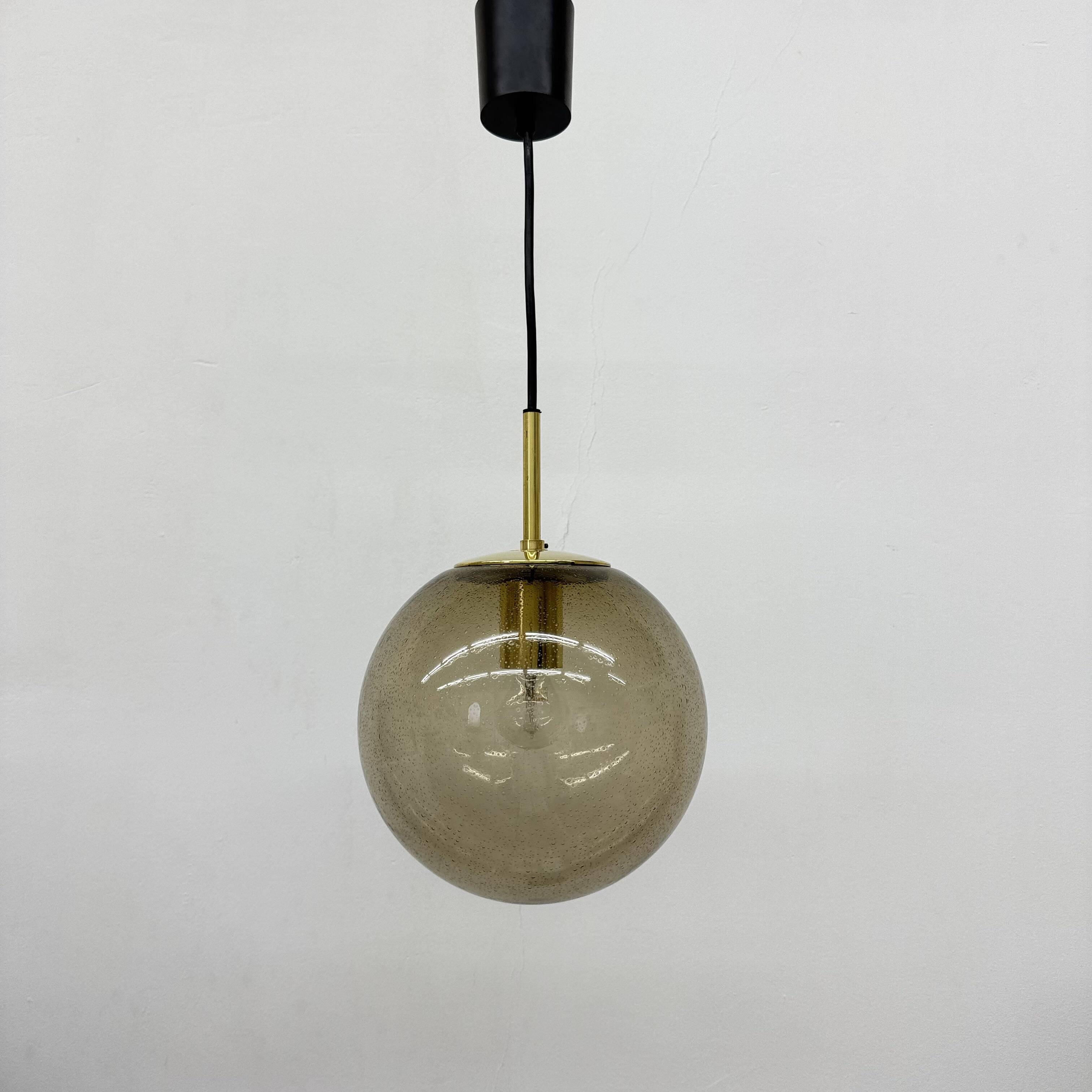 Limburg Glashütte brass smoked glass ball pendant hanging lamp , 1970s