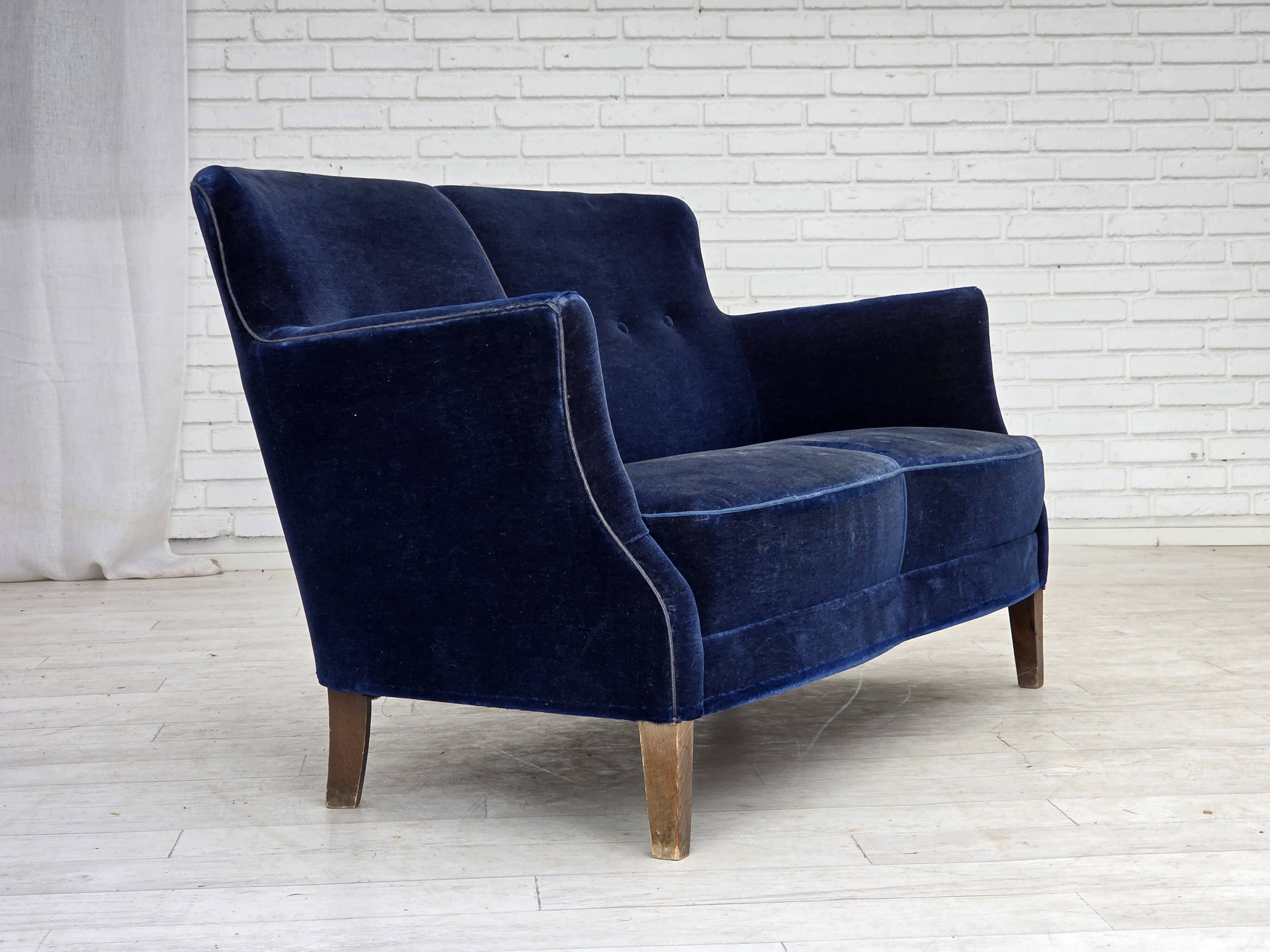 1960s, Danish 2-seater sofa. dark blue furniture velour.