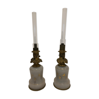Pair of opaline oil lamp and gold highlight xix century