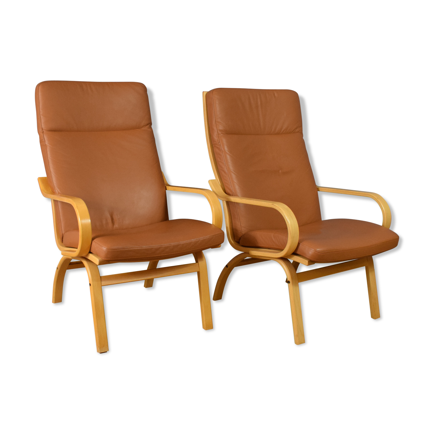 Pair of mid century retro vintage danish tan leather lounge armchair  1970s