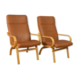 Pair of mid century retro vintage danish tan leather lounge armchair  1970s