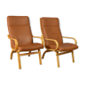 Pair of mid century retro vintage danish tan leather lounge armchair  1970s