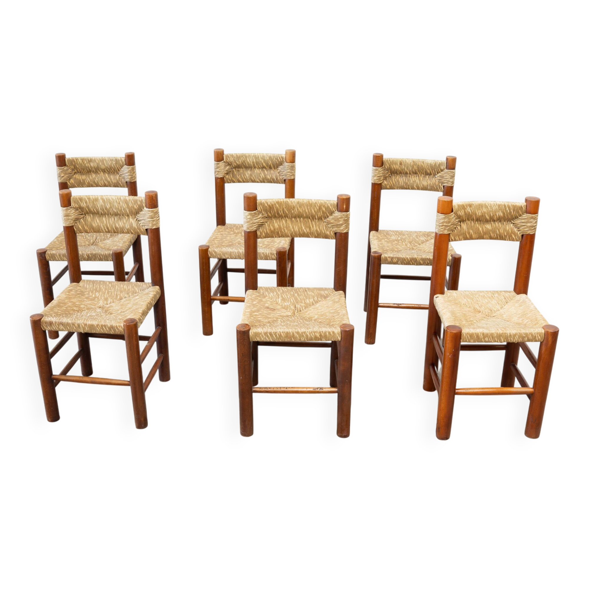 Set of six rattan and oak French dining chairs