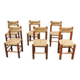 Set of six rattan and oak French dining chairs