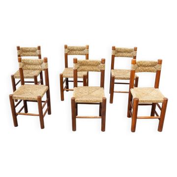 Ensemble de six chaises de salle à manger en rotin et chêne françaises