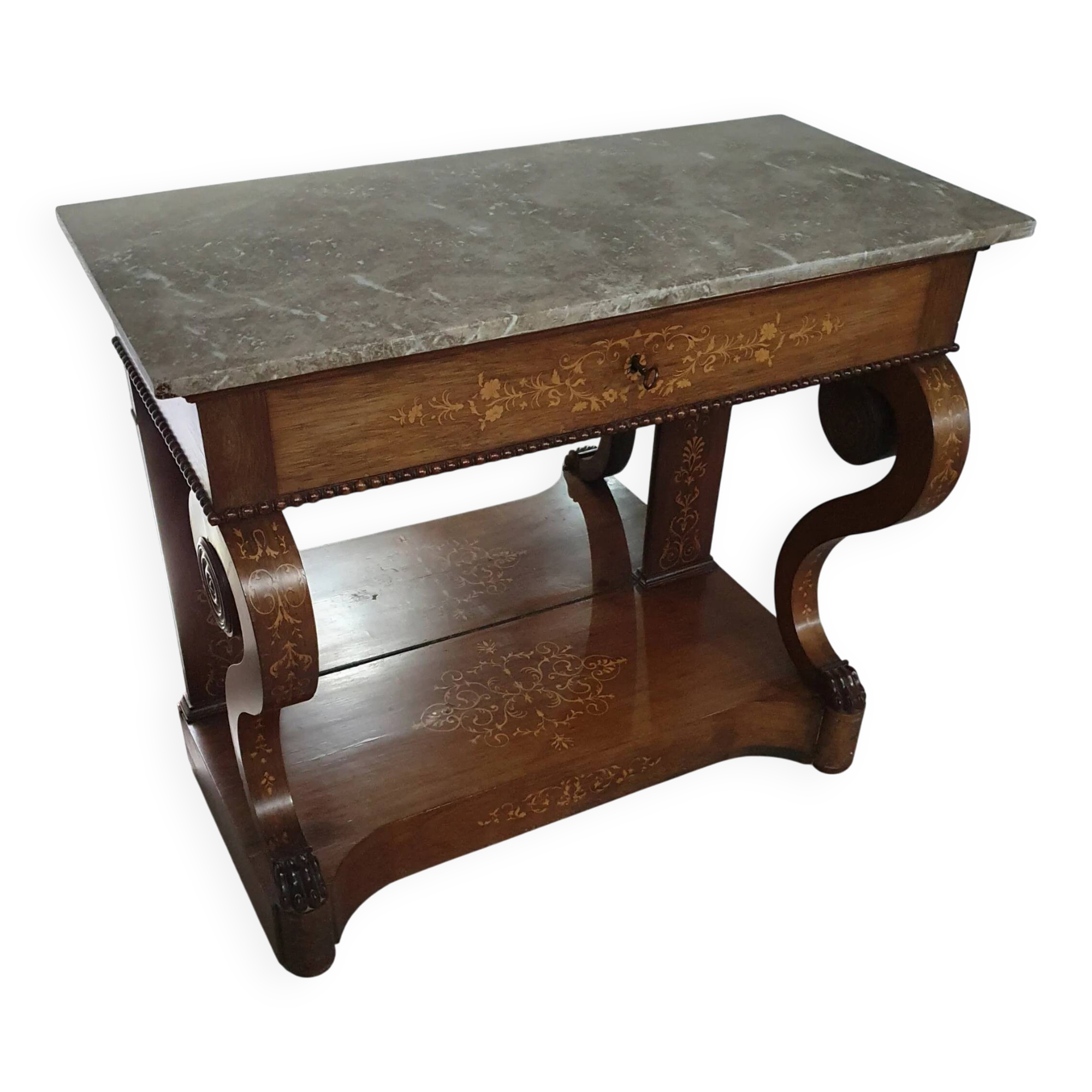 Trumeau / table d'appoint français des années 1830 avec marqueterie de bois