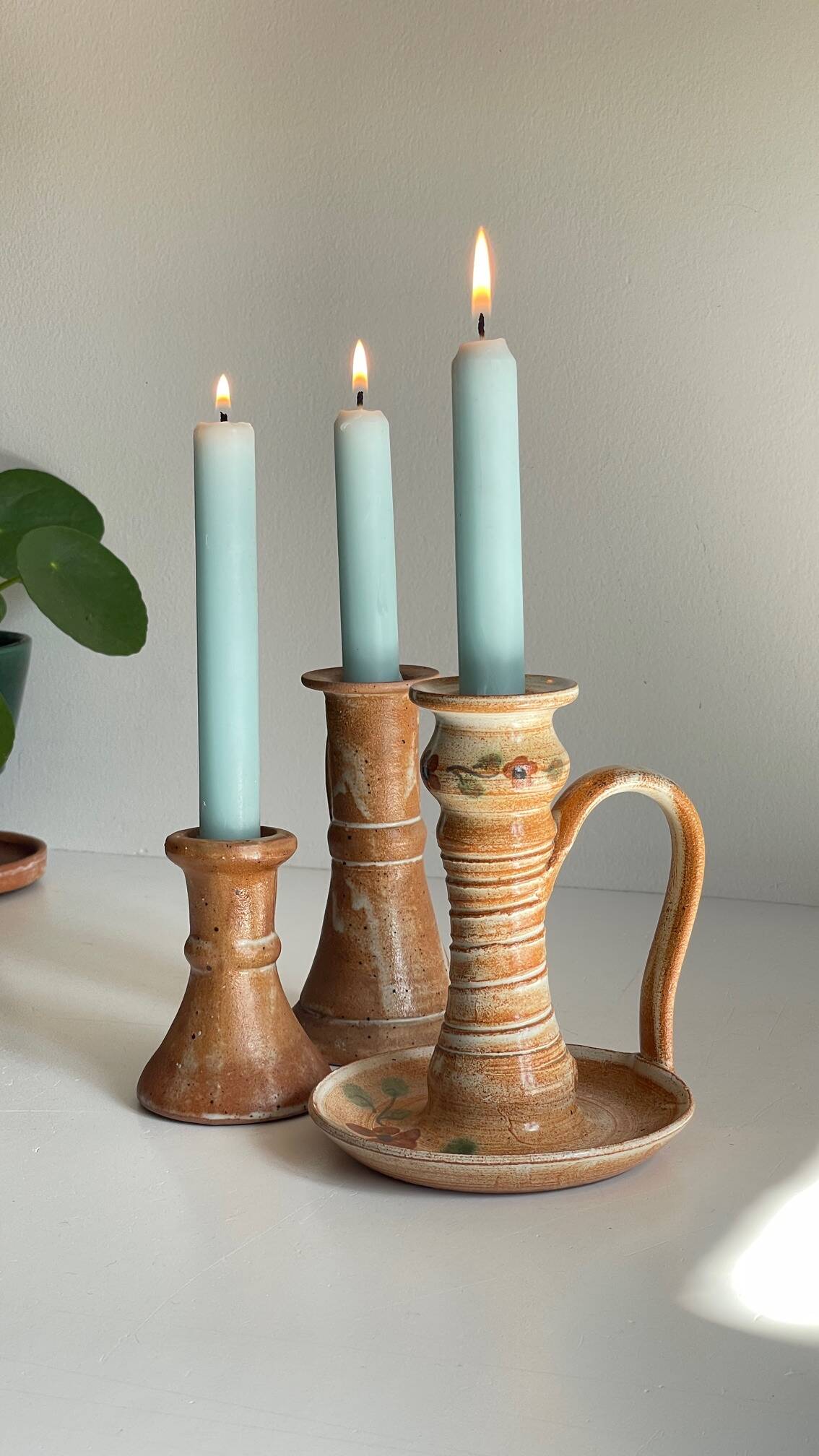 3 vintage handcrafted pottery candle holders
