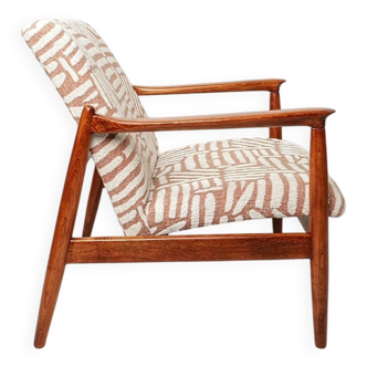 Mid century modern armchair coral red jacquard design by E. Homa