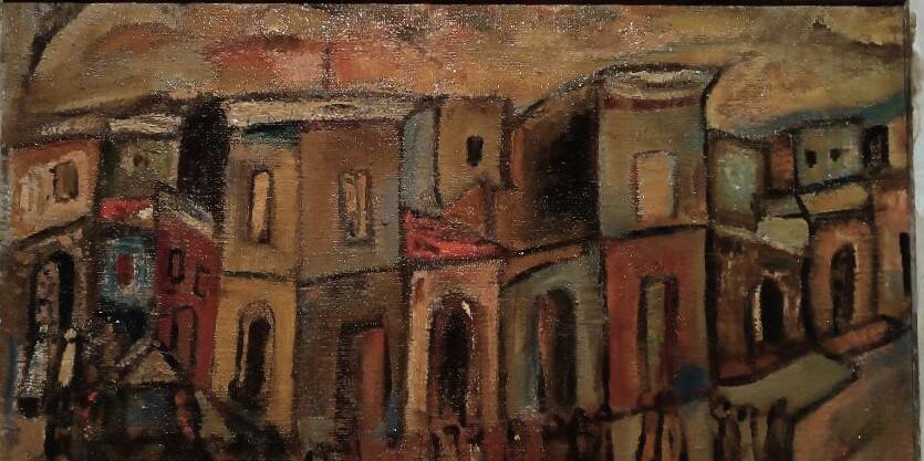 Oil on canvas "Funerals in Syracuse" by Ferruccio Ferri - Exhibition Gulf of La Spezia, 1940s