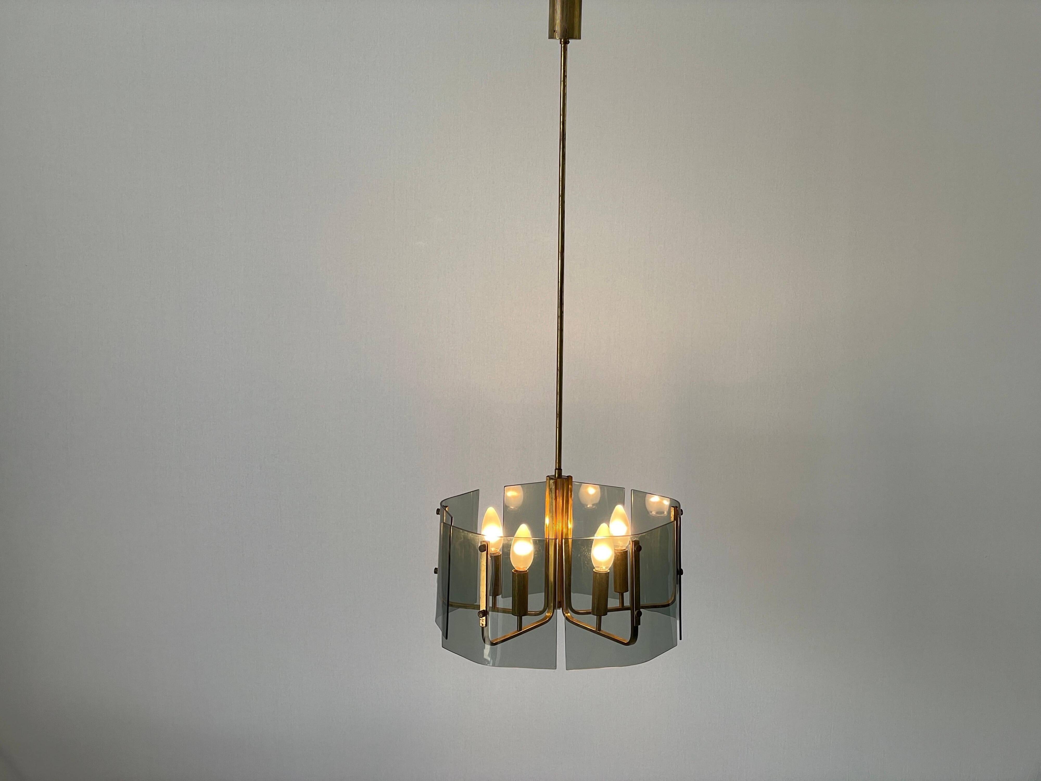 Grey glass chandelier with a brass body, 1960, Italy