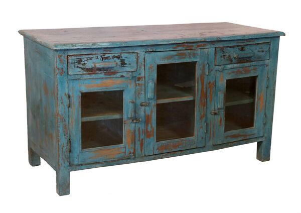 Ancien buffet en teck birman patine bleu d’origine