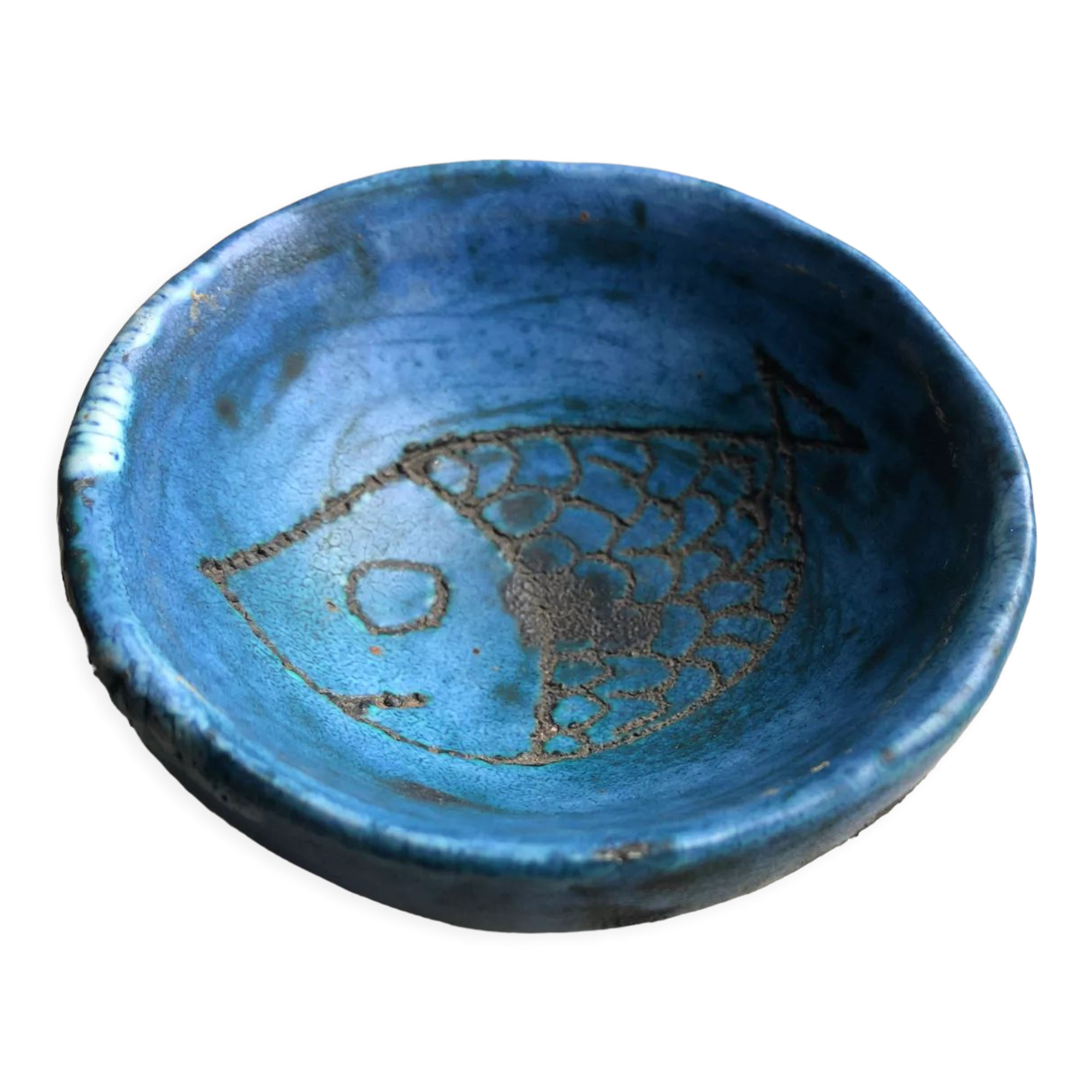 Round blue ceramic cup signed Blin around 1950