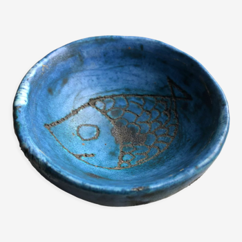 Coupelle ronde en céramique bleu signée Blin vers 1950