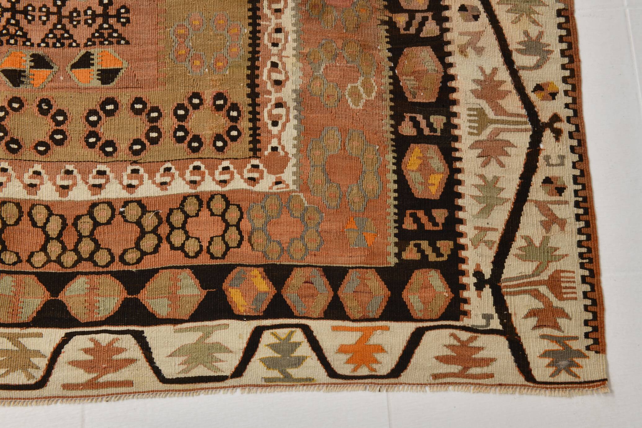"Tapis Kilim Ancien 100% Laine – Grand Format, Pièce Rare à Motifs Ethnique