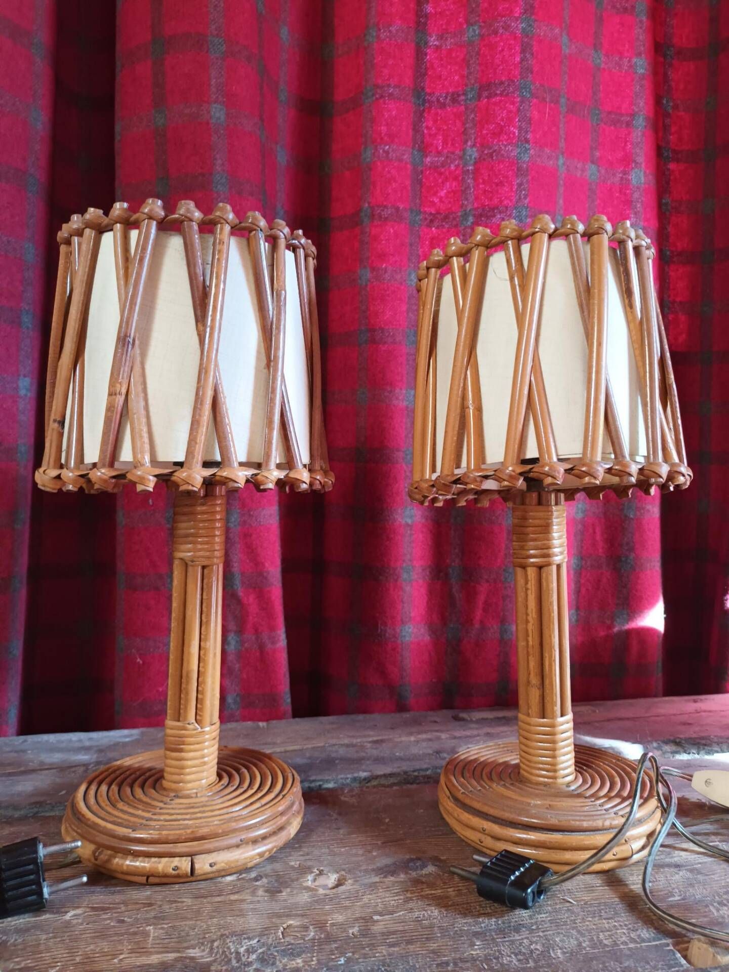 Pair of vintage Louis Sognot lamps in rattan and bamboo from the 60s/70s.