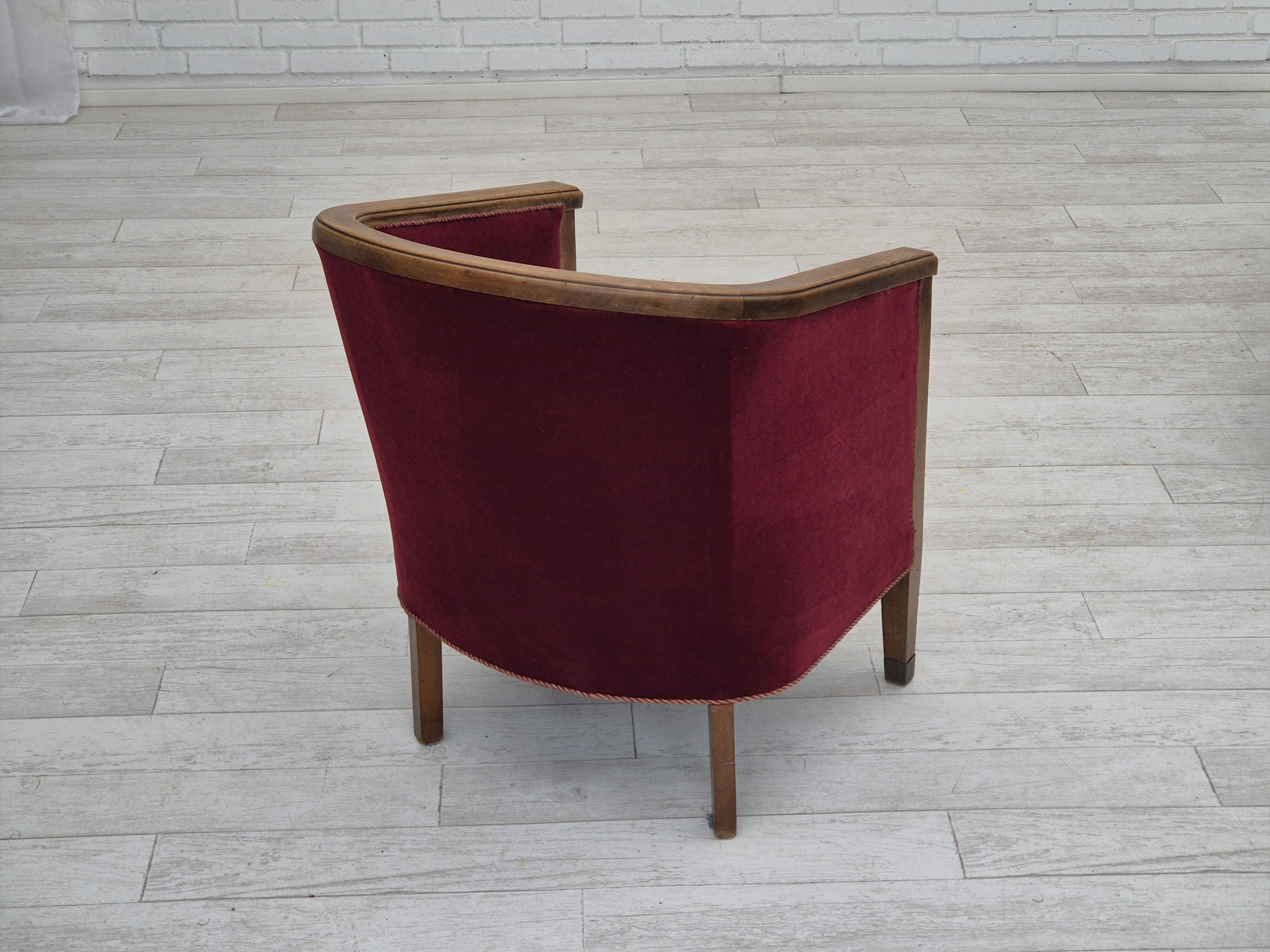 1950s, Danish armchair, original condition, furniture velour, beech wood.
