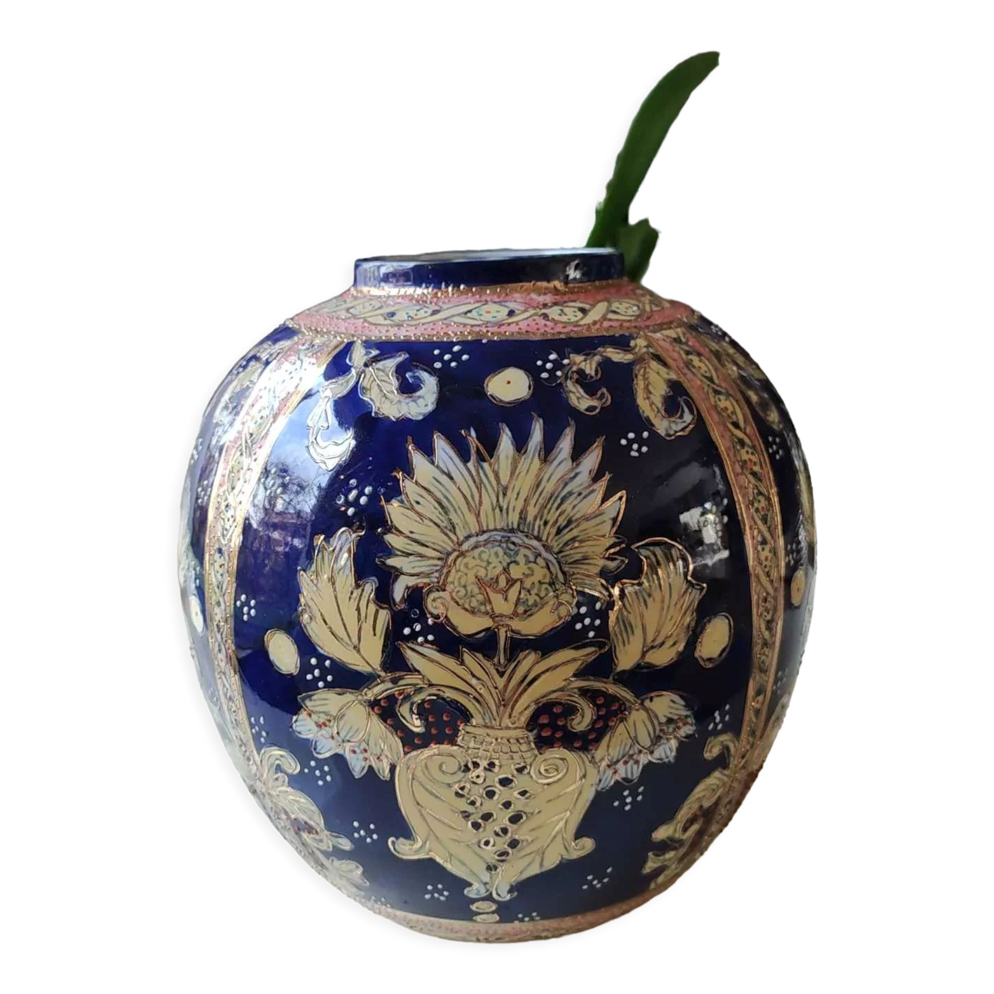 Handcrafted Chinese vase shaped ball in enamelled ceramic. Floral motifs/Ribboned friezes