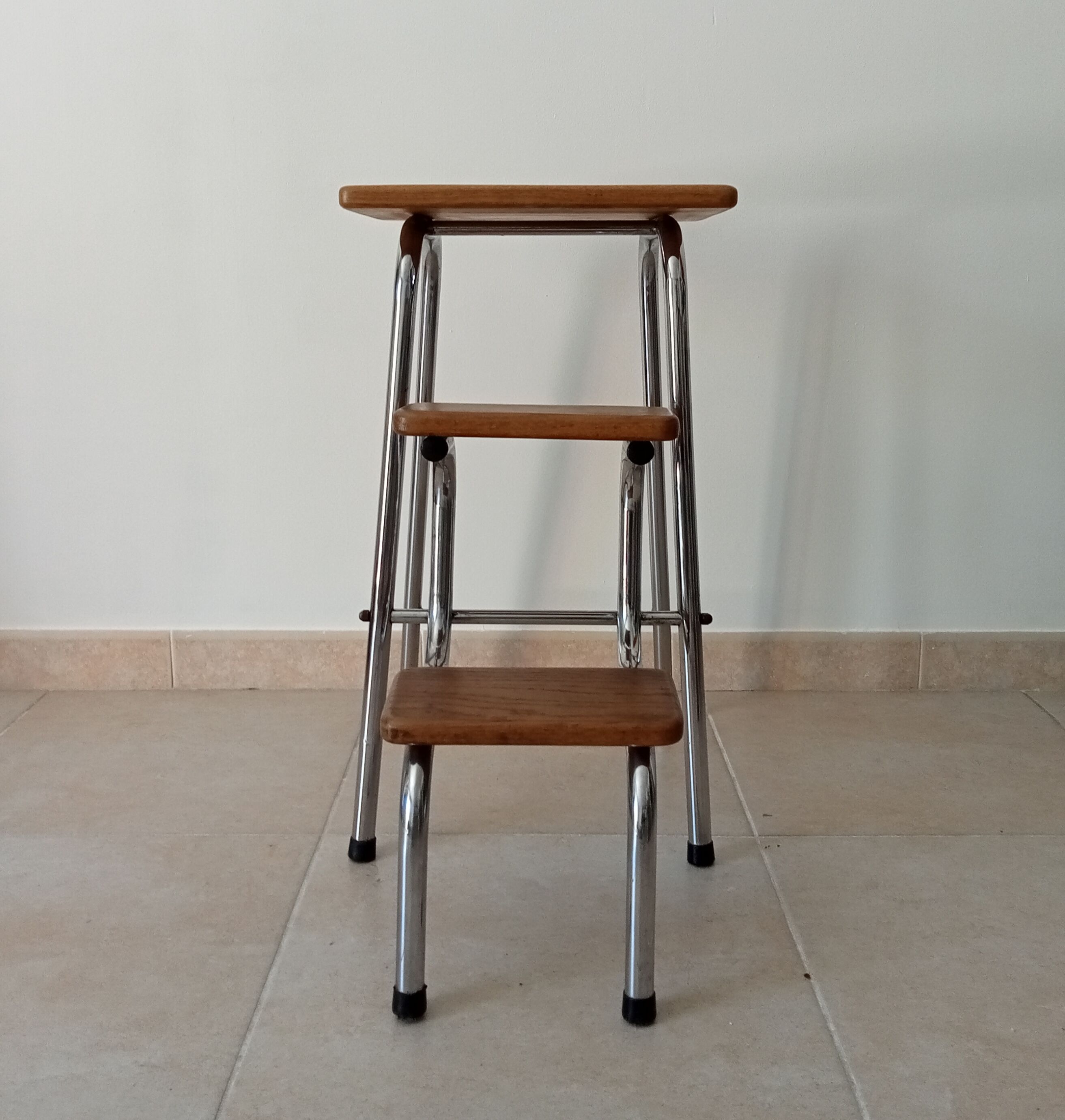 Stepladder stool vintage chrome and solid oak 60/70s