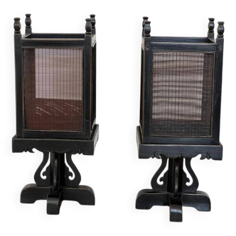 Two chinese black wooden lanterns