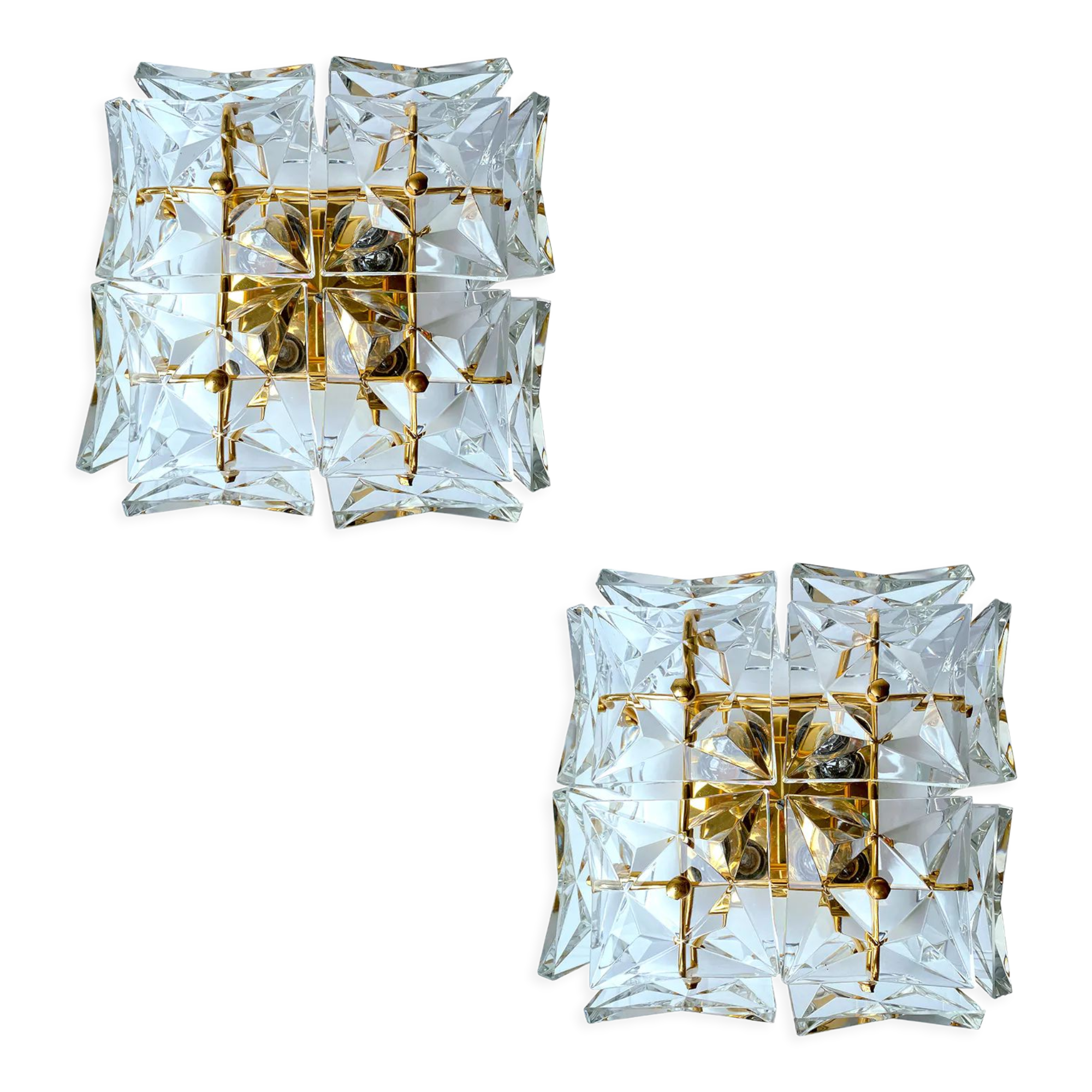pair vintage wall lamps 60s golden crystal fine gold
