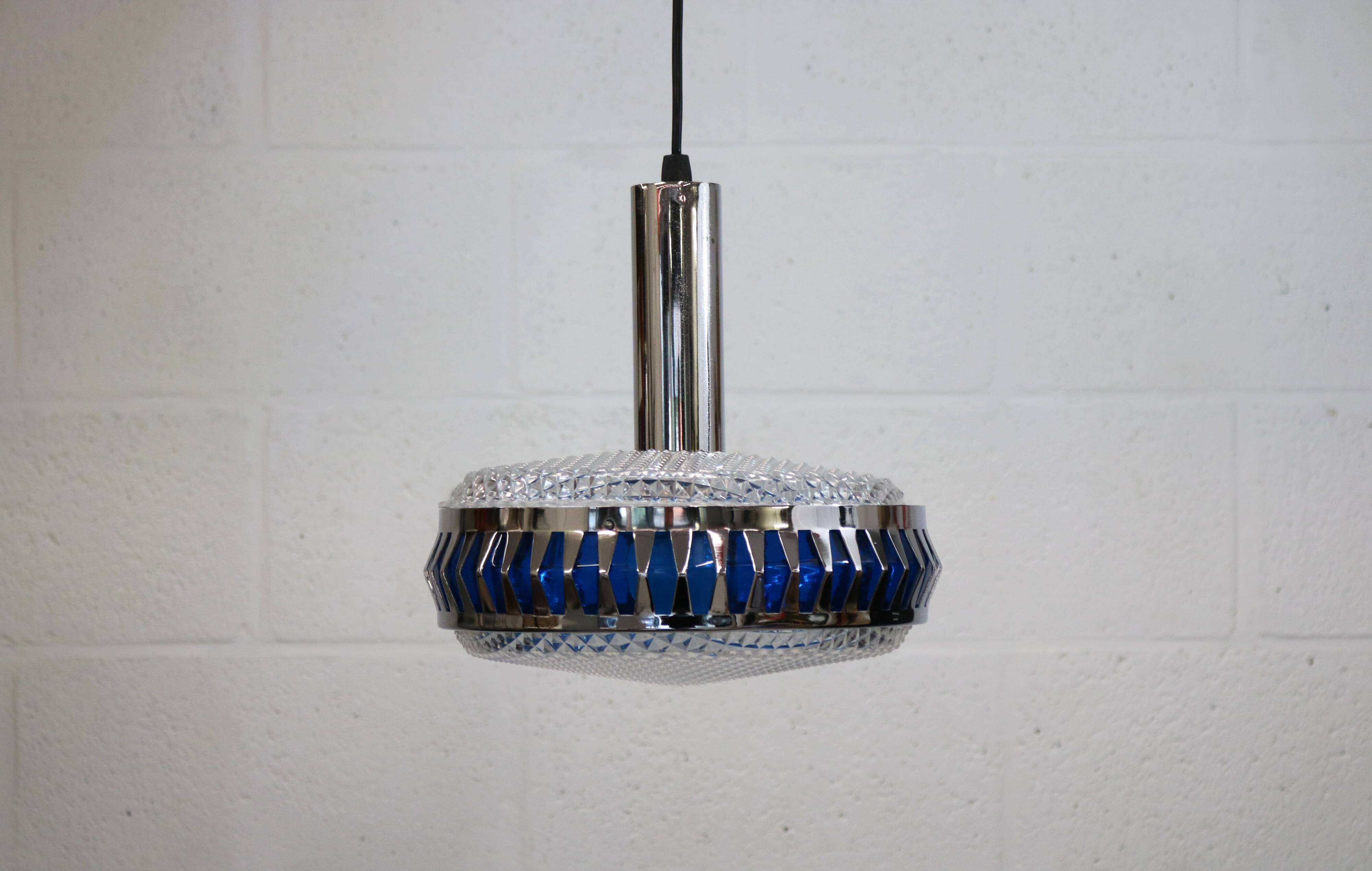 Vintage Chrome & Blue Pendant Lamp - 1970s Massive Belgium Lighting