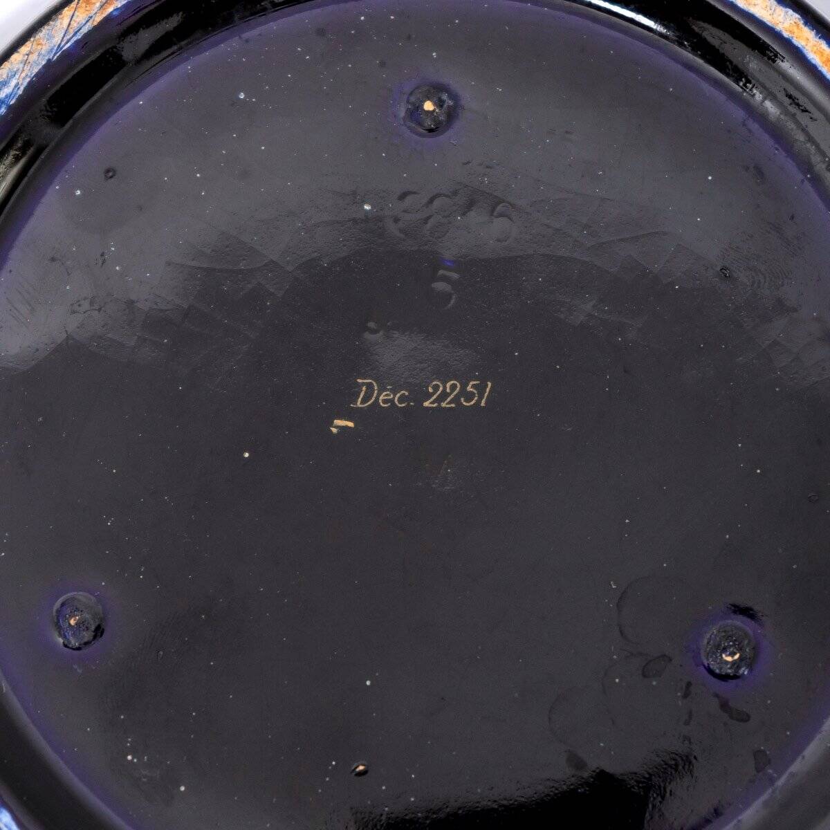 Pair of caches pots Sarreguemines - blues of Longwy - golden geometric decorations - XIXth