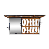 Vintage black metal and rattan wall coat rack with mirror –