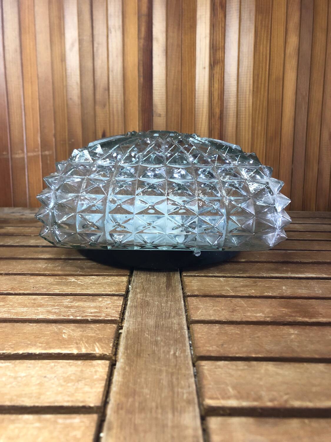 Old molded glass ceiling light + vintage black metal support