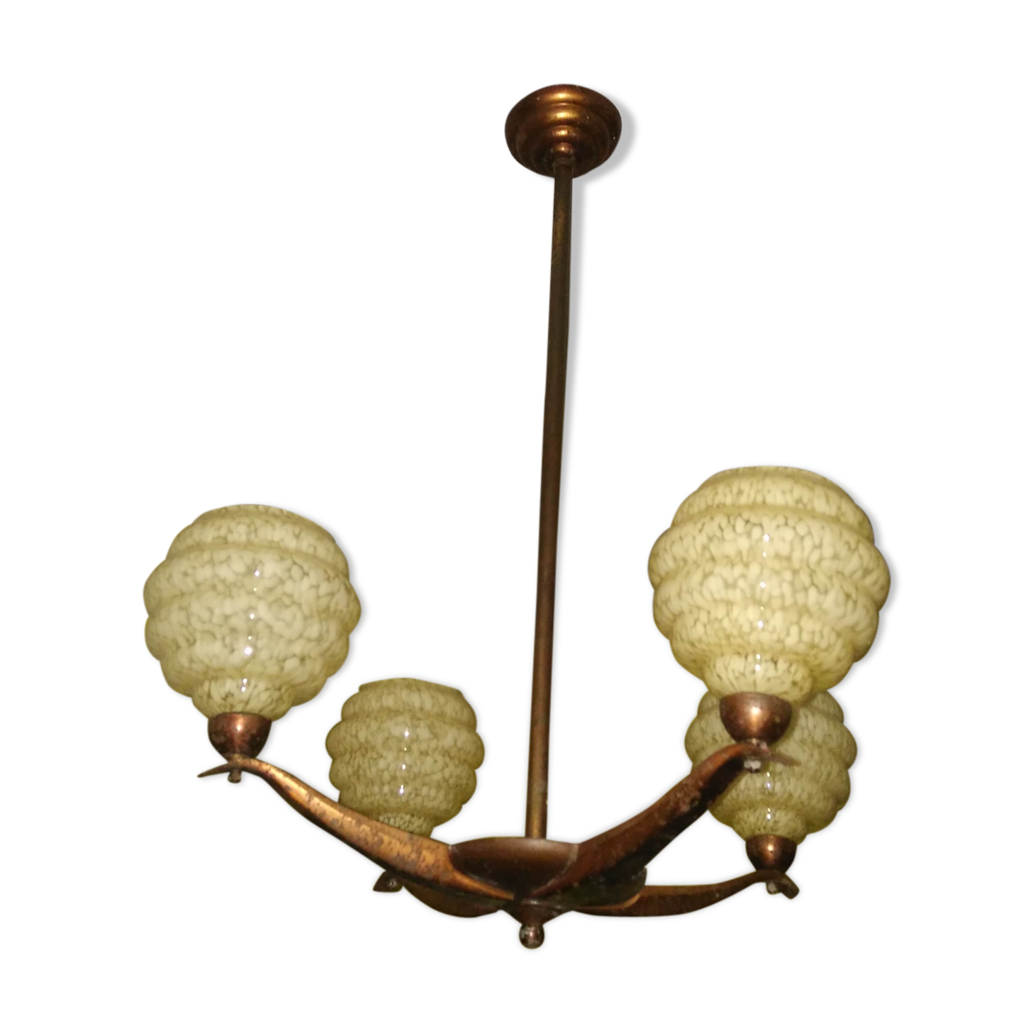 Art deco chandelier 4 globes clichy and copper glass