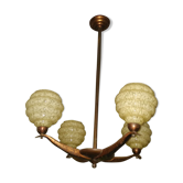 Art deco chandelier 4 globes clichy and copper glass
