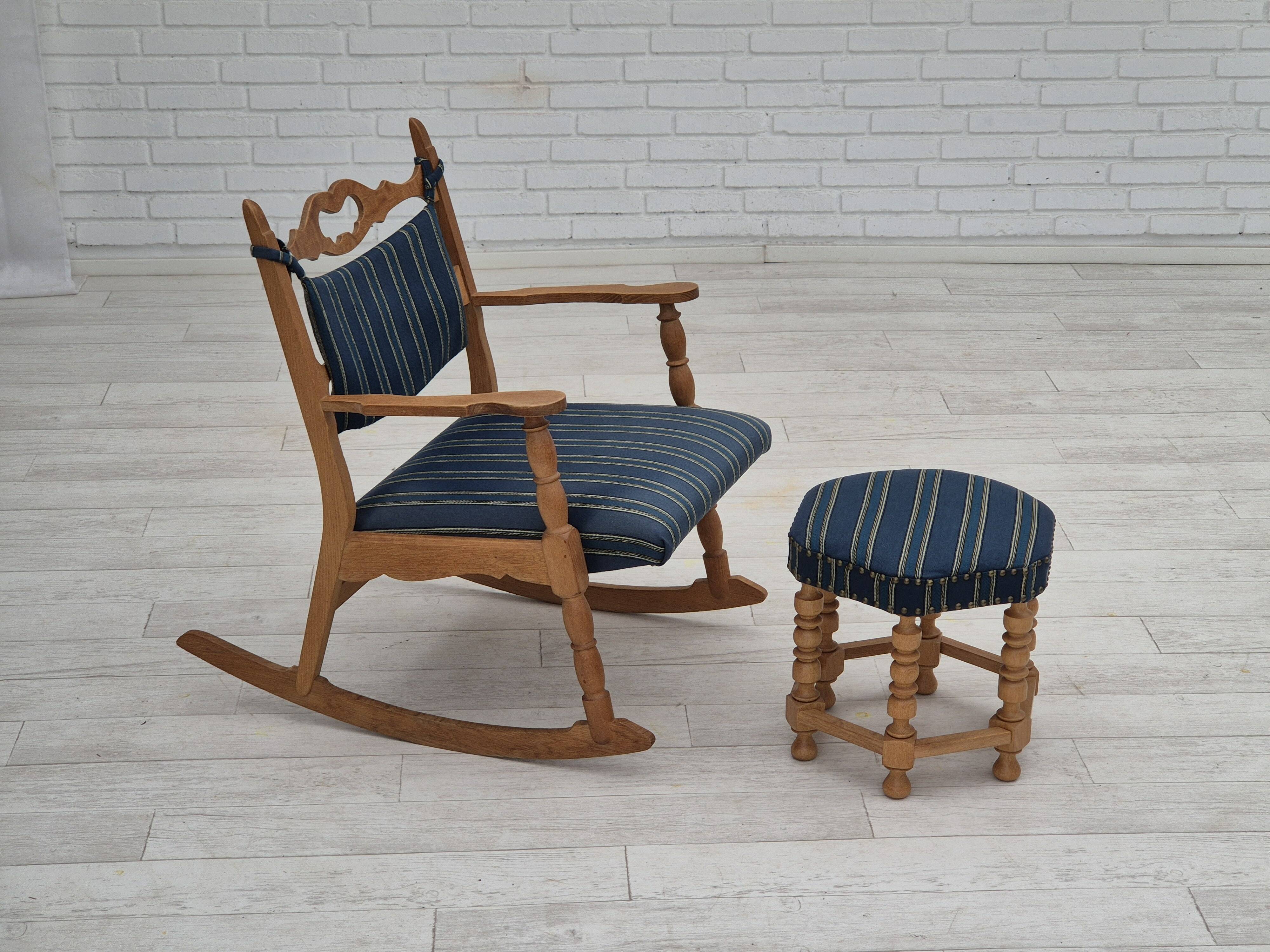 1970s, Danish design, oak wood rocking chair with footstool, furniture wool, original condition.
