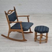 1970s, Danish design, oak wood rocking chair with footstool, furniture wool, original condition.