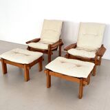 Salon de campagne italien en chêne avec nouveau revêtement en tissu bouclé, années 1970