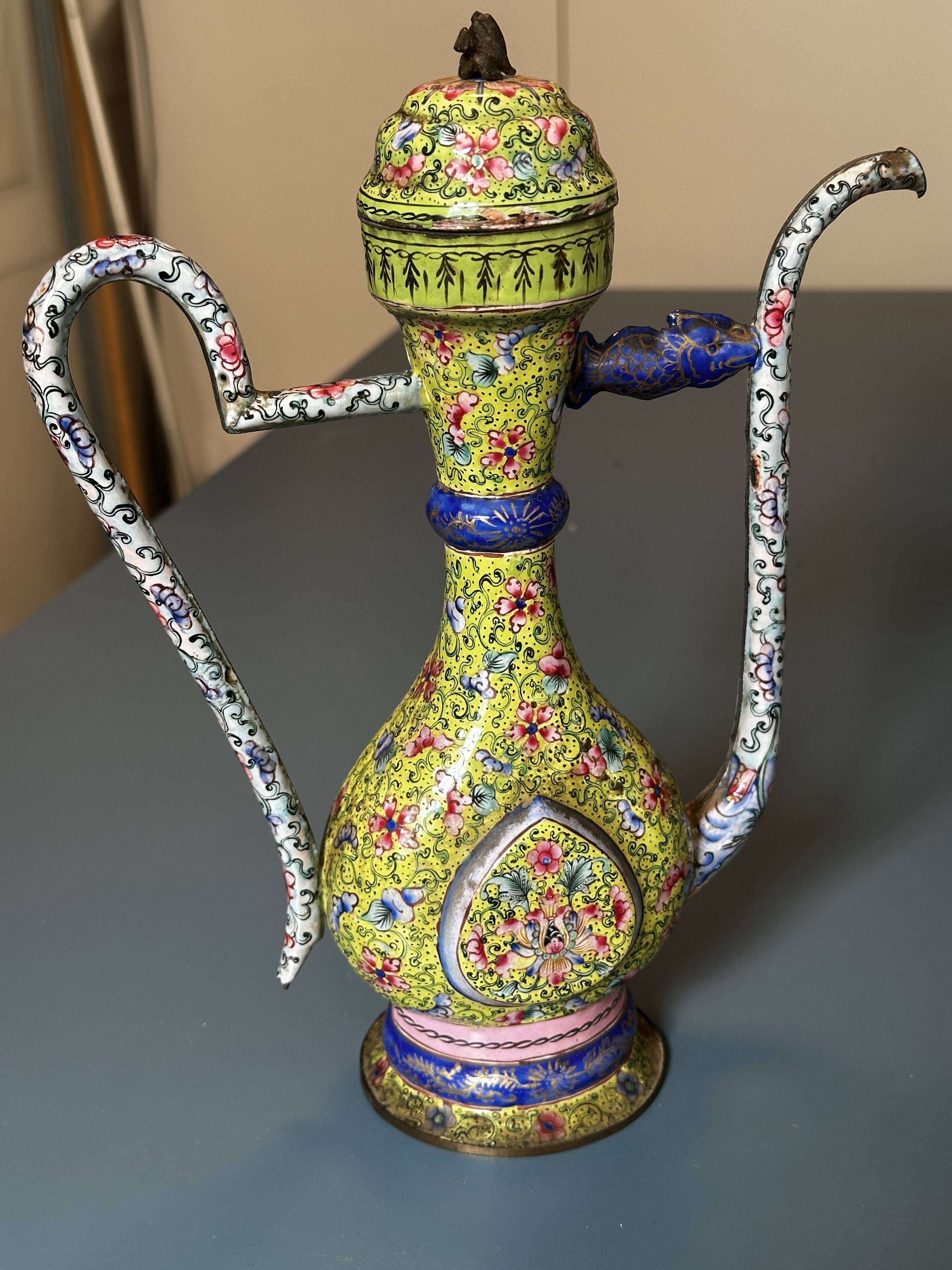 Chinese ewer in painted enamel on copper – floral decoration - Canton 18
