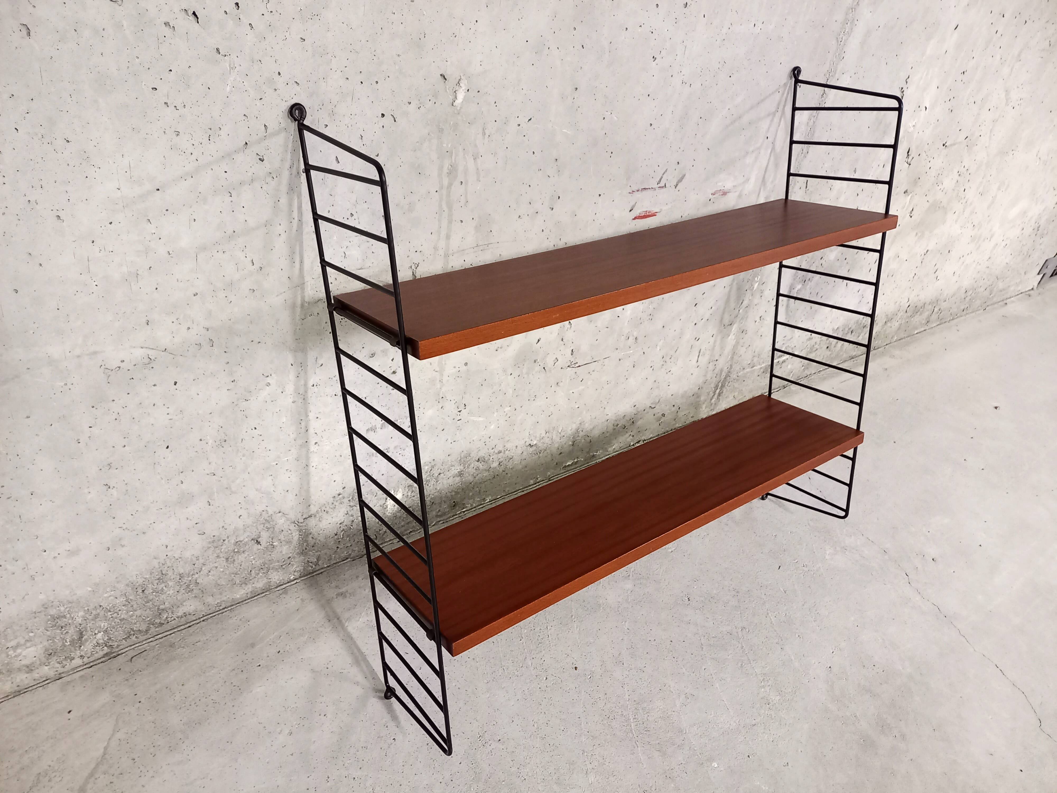 Vintage wall shelf in teak and black metal String Tomado style