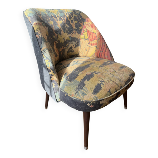 J. Tenreiro, Brésil. Fauteuil Concha pieds compas tapisserie de Cluny 1400