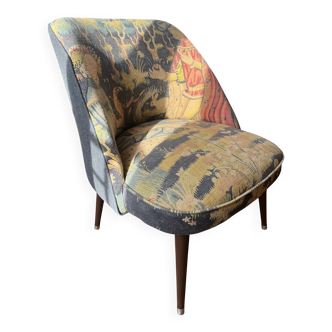 J. Tenreiro, Brazil. Concha armchair with tapered legs, Cluny tapestry 1400.