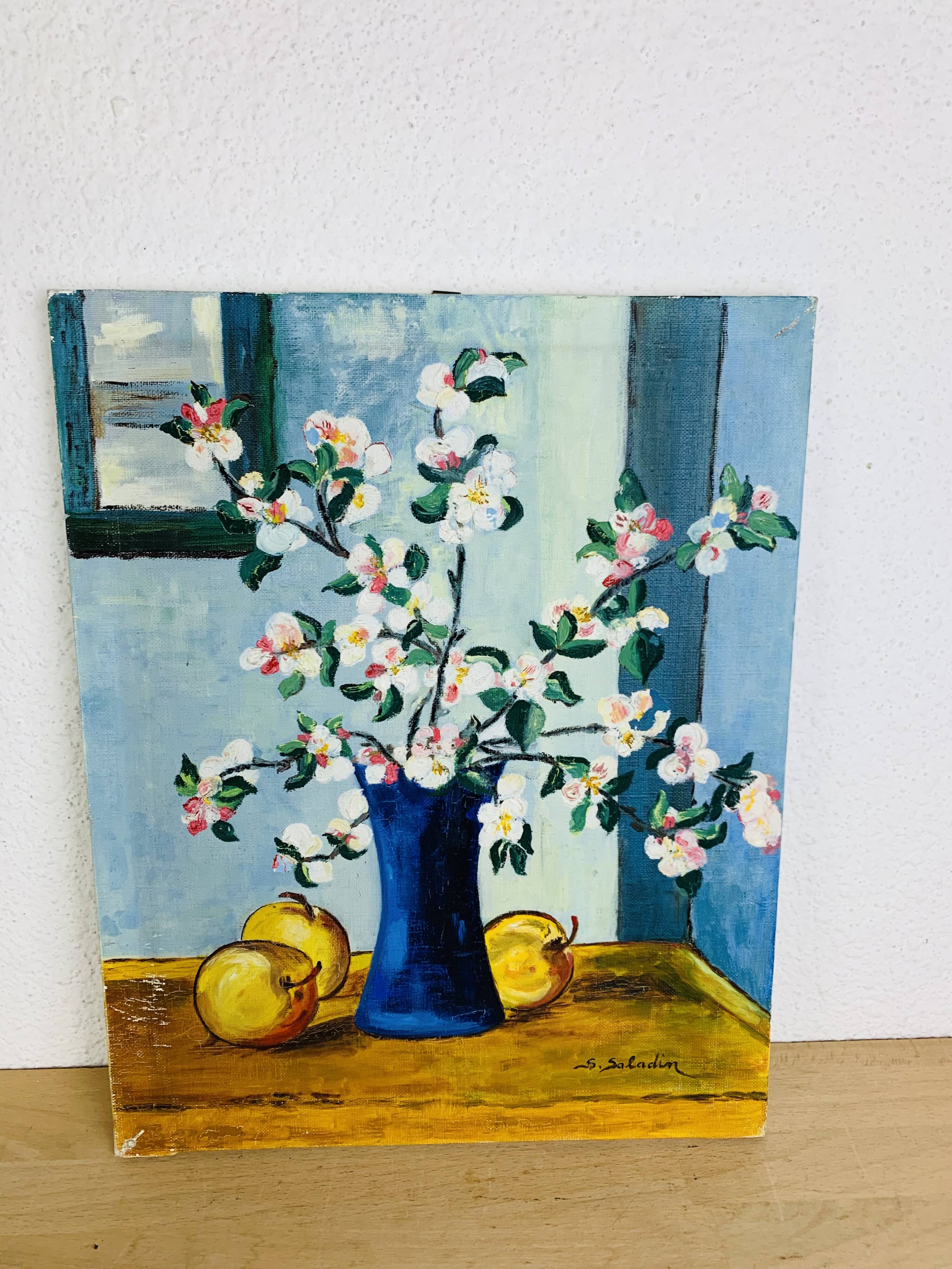 Still life painting bouquet of flowers and apples